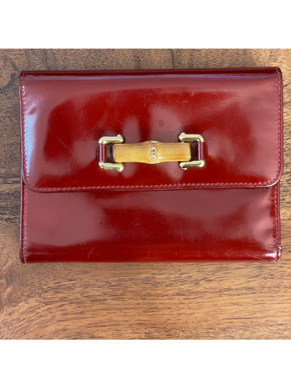 GUCCI Bamboo Horsebit Red Smooth Leather Trifold Wallet w/Integrated Kisslock